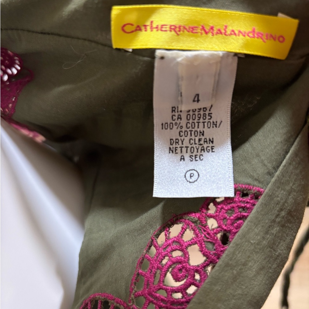 Y2K Catherine Malandrino, Authentic Olive Dress w/Magenta Lace Cutouts, Sz 4